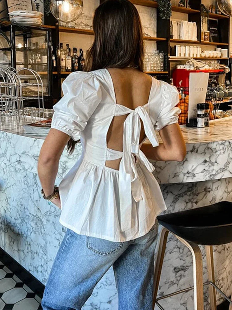 Fashion Backless Short Sleeve Shirts For Women Casual Back Lace Up Tops