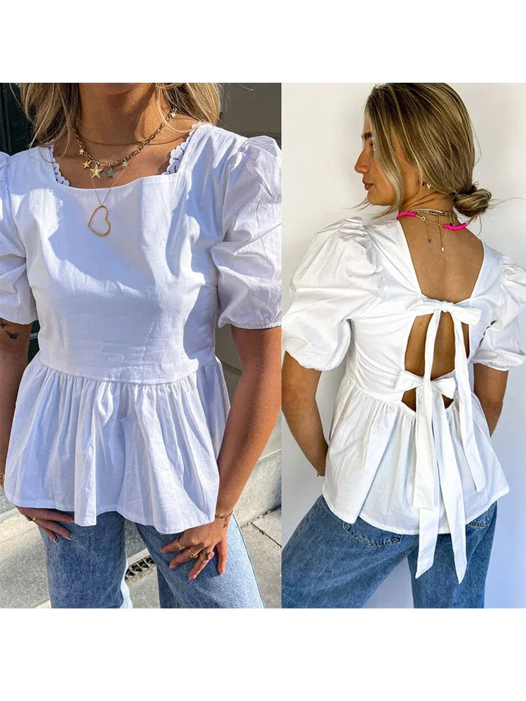 Fashion Backless Short Sleeve Shirts For Women Casual Back Lace Up Tops