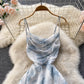 Floral Spaghetti Strap Dress Elastic Ruched Sexy Hollow Backless Party Dress