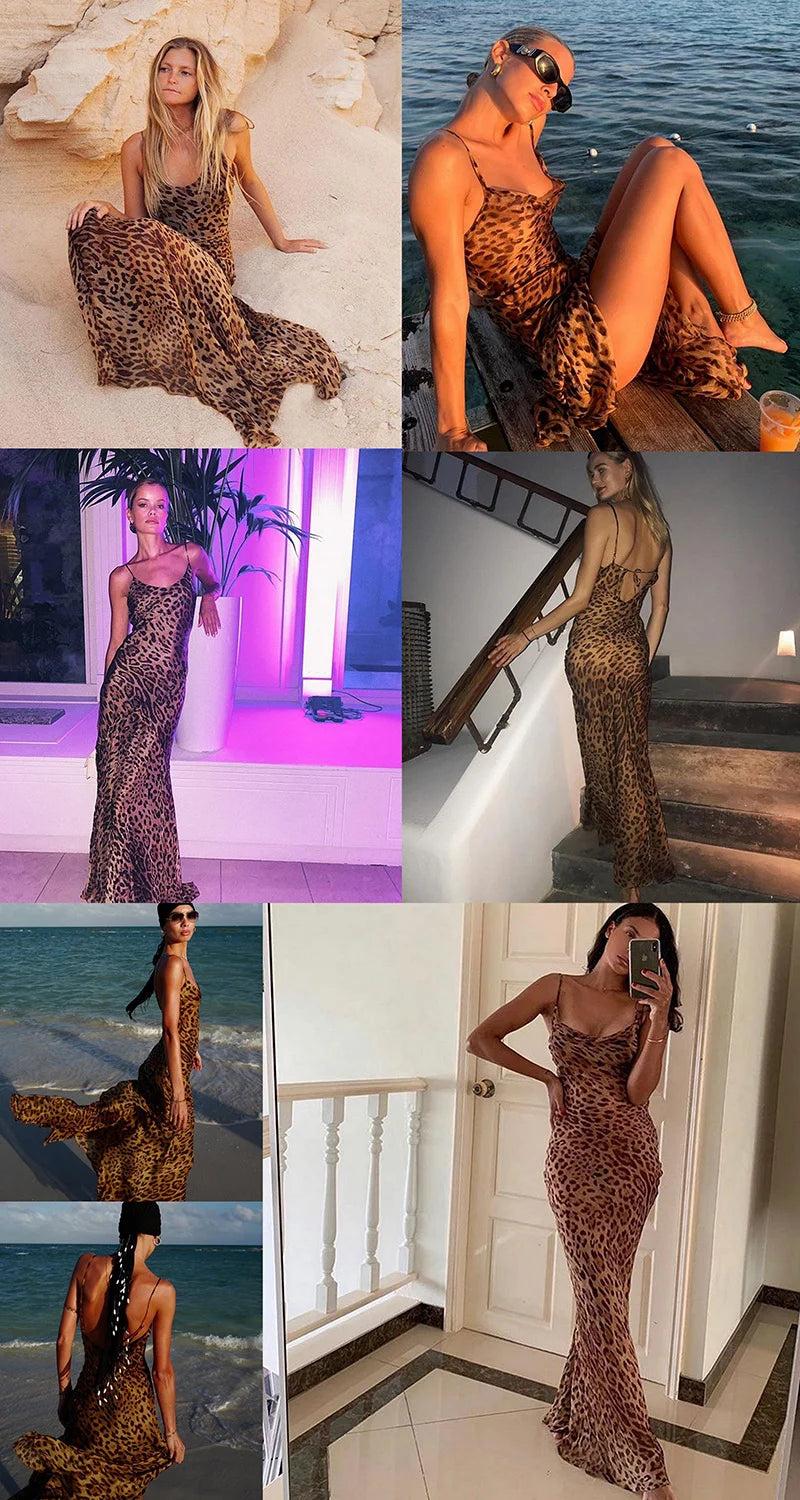 Leopard Print V-Neck Sexy Bodycon Long Dress Women Lace Up Backless Beach Vestidos