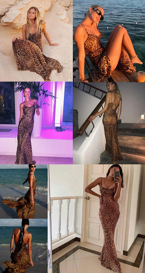 Leopard Print V-Neck Sexy Bodycon Long Dress Women Lace Up Backless Beach Vestidos