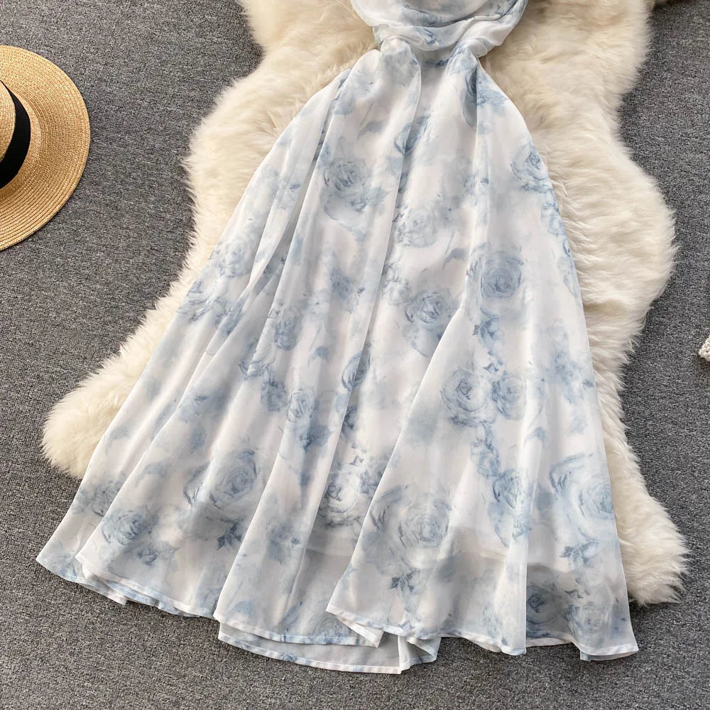 Floral Spaghetti Strap Dress Elastic Ruched Sexy Hollow Backless Party Dress