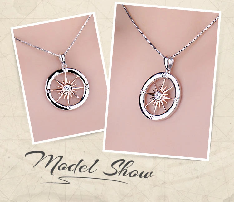 Sun Star Compass Necklace Circle Rose Gold Cubic Zirconia Pendant