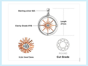 Sun Star Compass Necklace Circle Rose Gold Cubic Zirconia Pendant