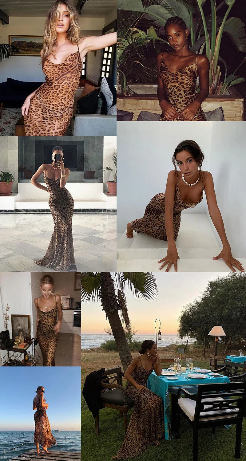 Leopard Print V-Neck Sexy Bodycon Long Dress Women Lace Up Backless Beach Vestidos