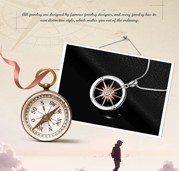 Sun Star Compass Necklace Circle Rose Gold Cubic Zirconia Pendant