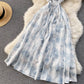 Floral Spaghetti Strap Dress Elastic Ruched Sexy Hollow Backless Party Dress