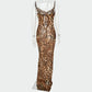 Leopard Print V-Neck Sexy Bodycon Long Dress Women Lace Up Backless Beach Vestidos