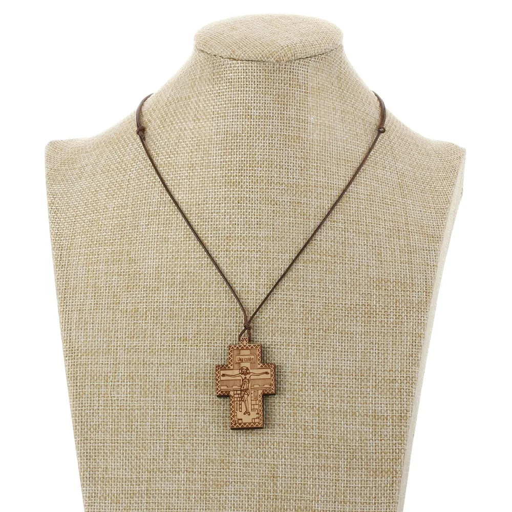 Handmade Rope Chain Necklace Wood Orthodox Cross Pendant Necklace