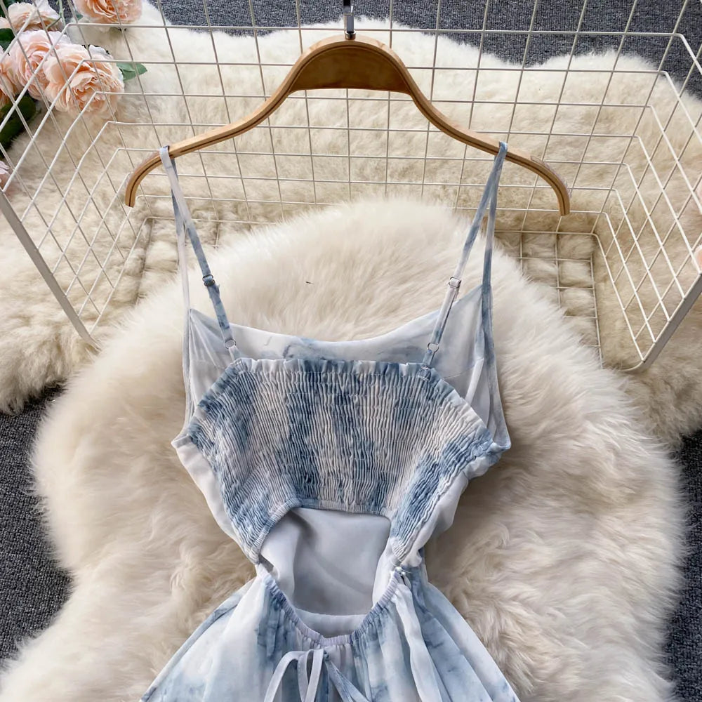 Floral Spaghetti Strap Dress Elastic Ruched Sexy Hollow Backless Party Dress