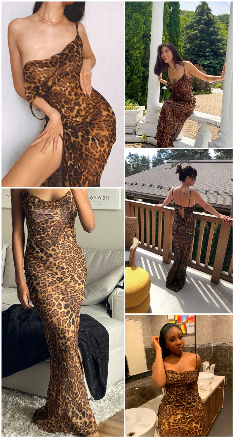 Leopard Print V-Neck Sexy Bodycon Long Dress Women Lace Up Backless Beach Vestidos