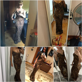 Leopard Print V-Neck Sexy Bodycon Long Dress Women Lace Up Backless Beach Vestidos