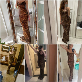 Leopard Print V-Neck Sexy Bodycon Long Dress Women Lace Up Backless Beach Vestidos