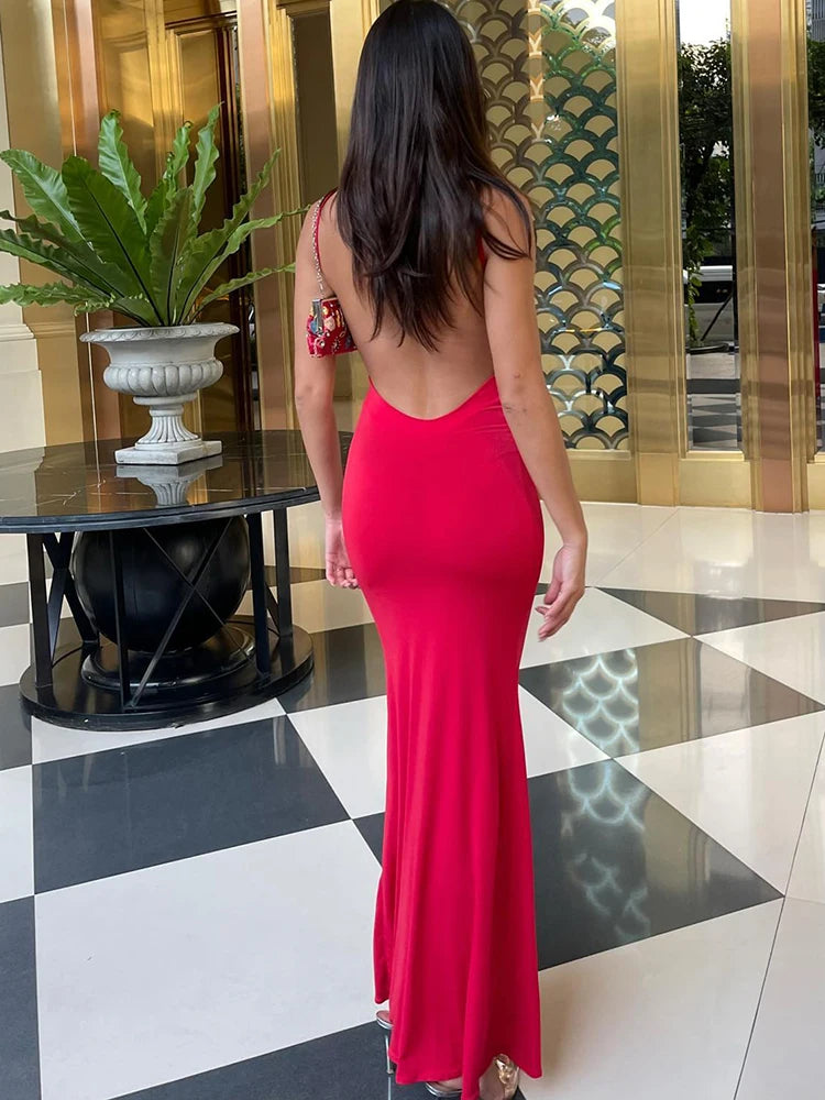 Solid Sleeveless Backless Elegant Sexy Bodycon Y2K Maxi Prom Dress