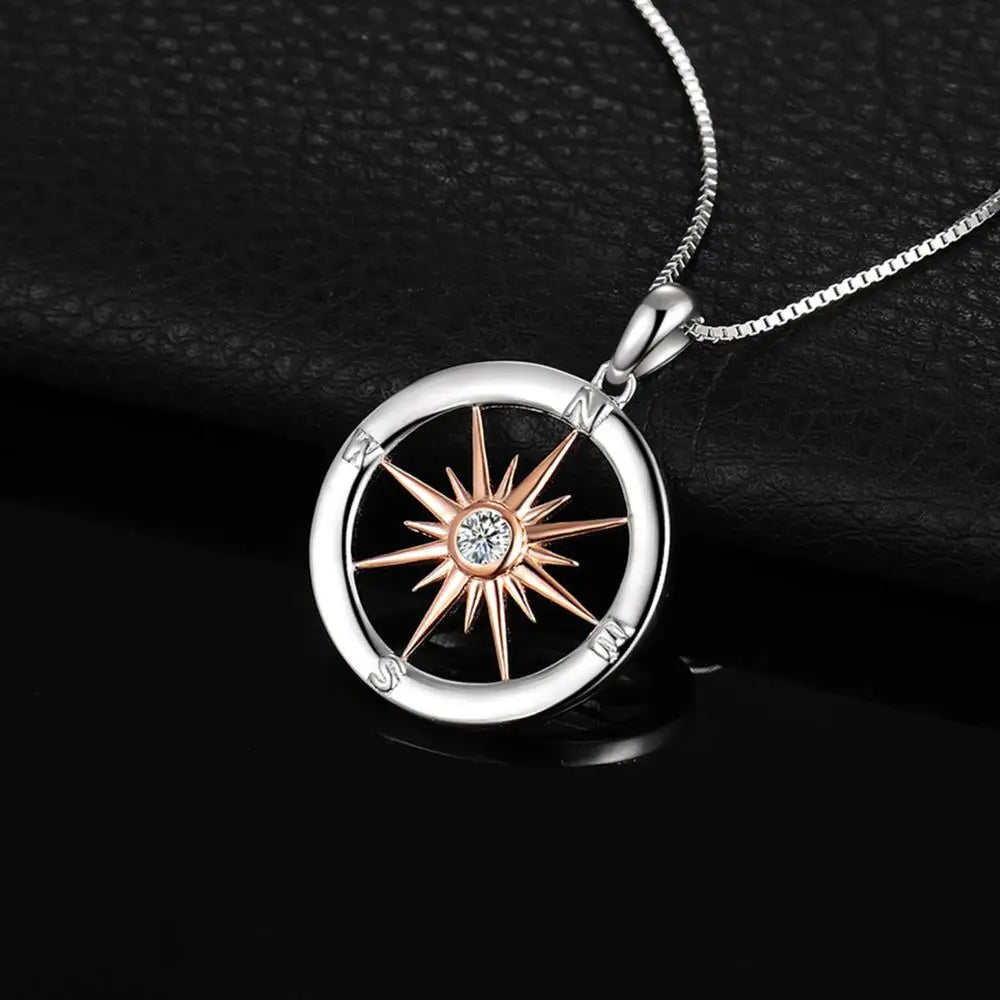 Sun Star Compass Necklace Circle Rose Gold Cubic Zirconia Pendant