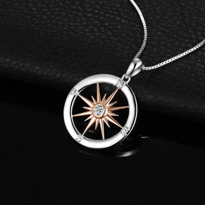 Sun Star Compass Necklace Circle Rose Gold Cubic Zirconia Pendant