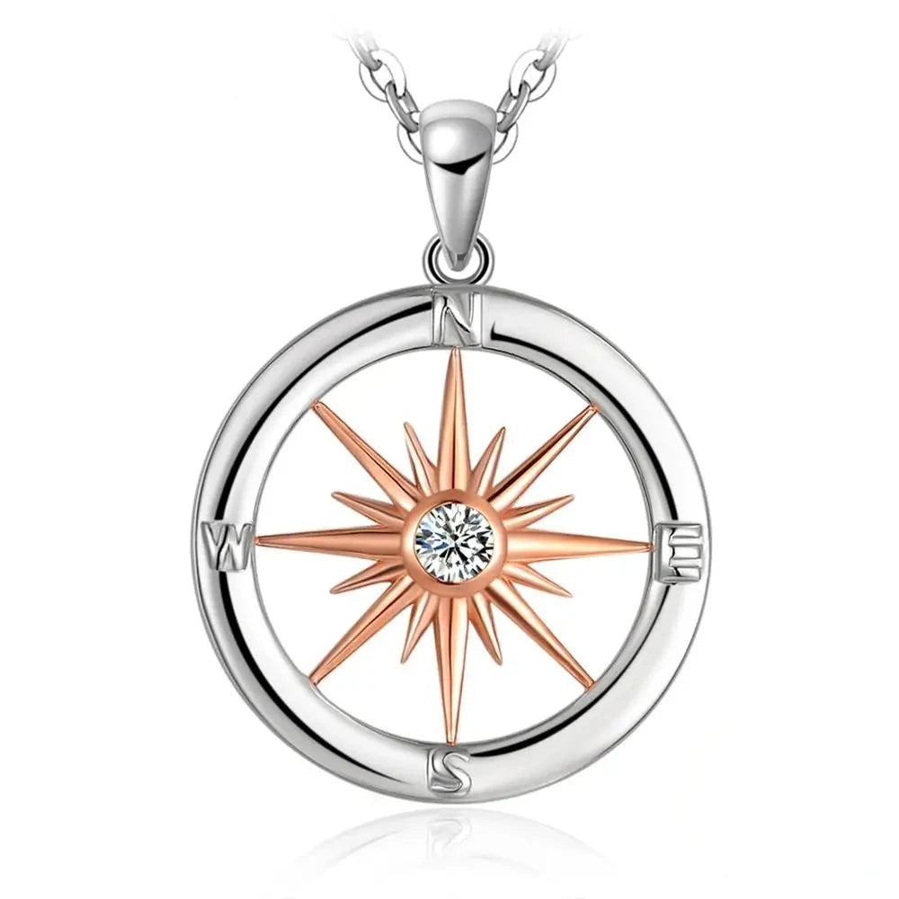 Sun Star Compass Necklace Circle Rose Gold Cubic Zirconia Pendant