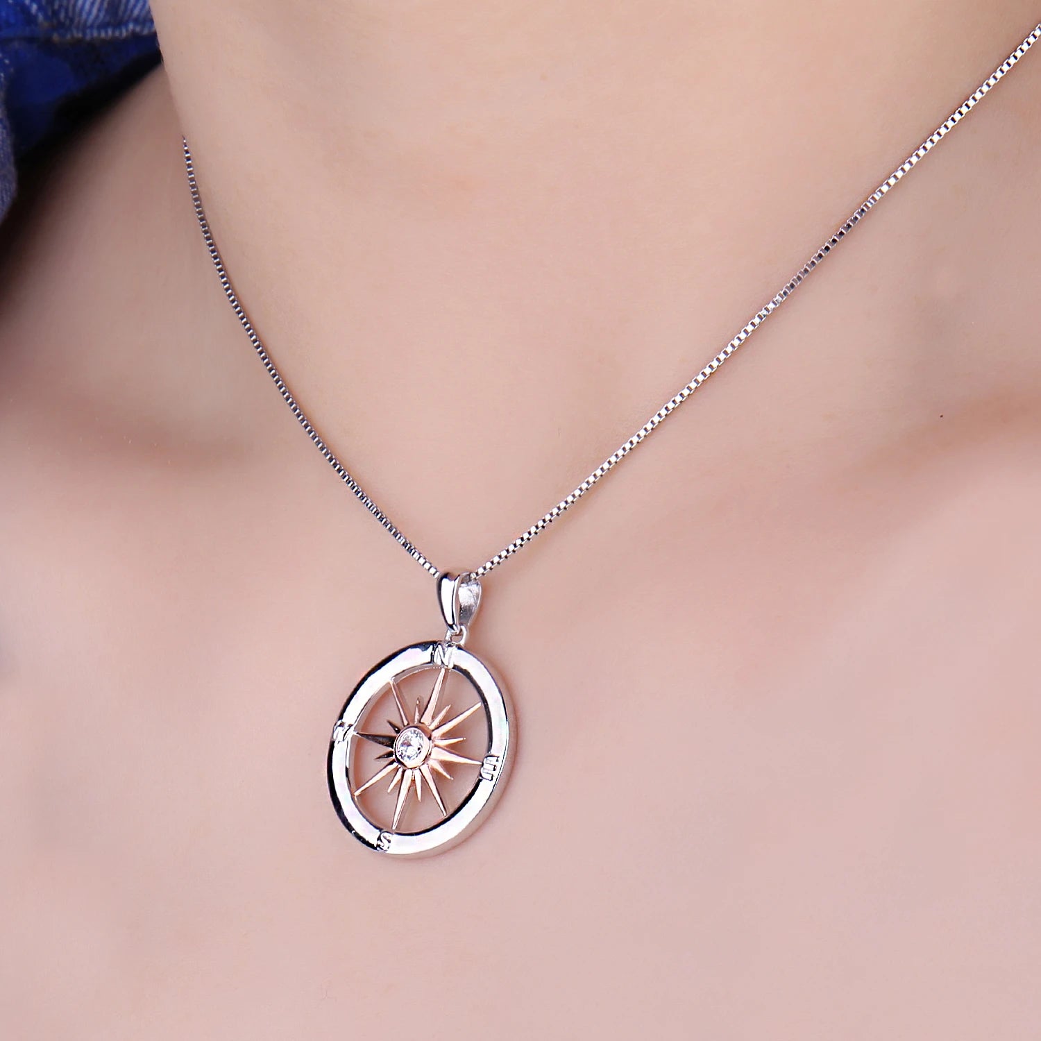 Sun Star Compass Necklace Circle Rose Gold Cubic Zirconia Pendant