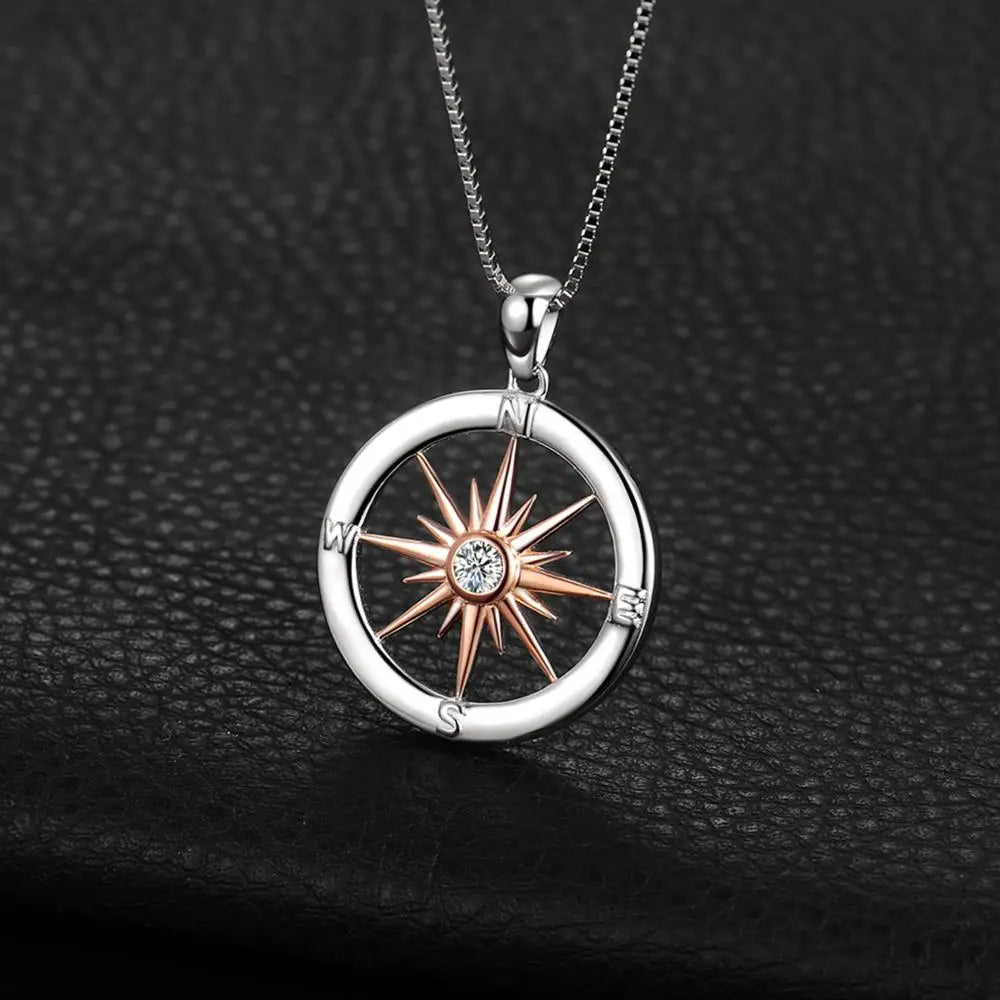 Sun Star Compass Necklace Circle Rose Gold Cubic Zirconia Pendant