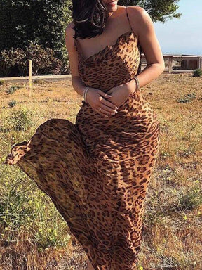 Leopard Print V-Neck Sexy Bodycon Long Dress Women Lace Up Backless Beach Vestidos