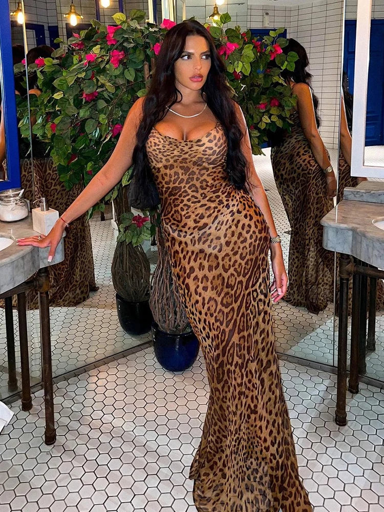 Leopard Print V-Neck Sexy Bodycon Long Dress Women Lace Up Backless Beach Vestidos