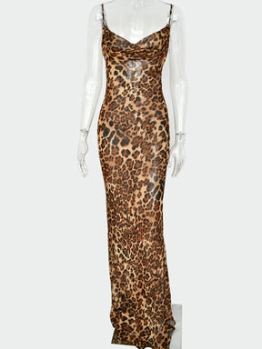 Leopard Print V-Neck Sexy Bodycon Long Dress Women Lace Up Backless Beach Vestidos