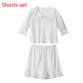 Lace Up Doll Collar Shirt Skirt Sets Short Puff Sleeve Top Suit Pleat Mini Skirts