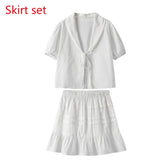 Lace Up Doll Collar Shirt Skirt Sets Short Puff Sleeve Top Suit Pleat Mini Skirts