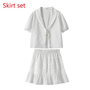 Lace Up Doll Collar Shirt Skirt Sets Short Puff Sleeve Top Suit Pleat Mini Skirts