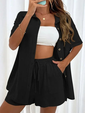 Summer Single breasted Top Broad legged Shorts Set Solid Suits