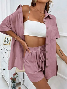 Summer Single breasted Top Broad legged Shorts Set Solid Suits