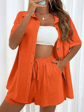 Summer Single breasted Top Broad legged Shorts Set Solid Suits