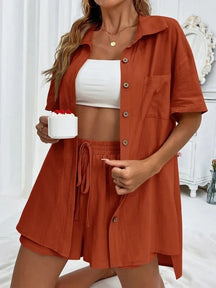 Summer Single breasted Top Broad legged Shorts Set Solid Suits