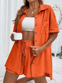 Summer Single breasted Top Broad legged Shorts Set Solid Suits