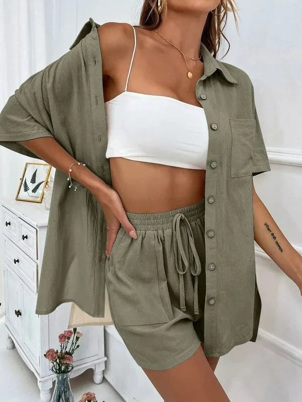 Summer Single breasted Top Broad legged Shorts Set Solid Suits