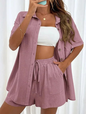 Summer Single breasted Top Broad legged Shorts Set Solid Suits