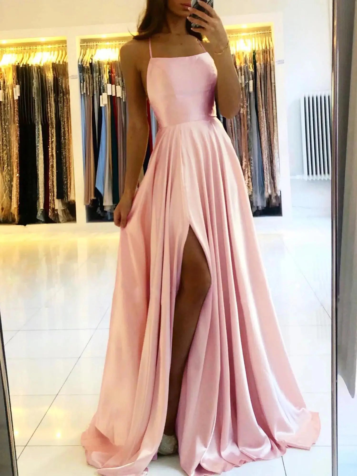 Spaghetti Straps Leg Slit Satin Maxi Dresses for Female Casual Party