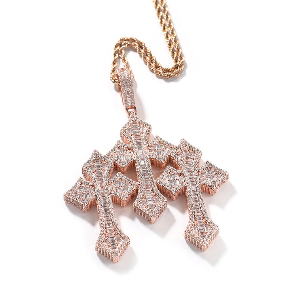 Retro Cross Pendant Fashionable Copper Inlaid Zirconia Necklace