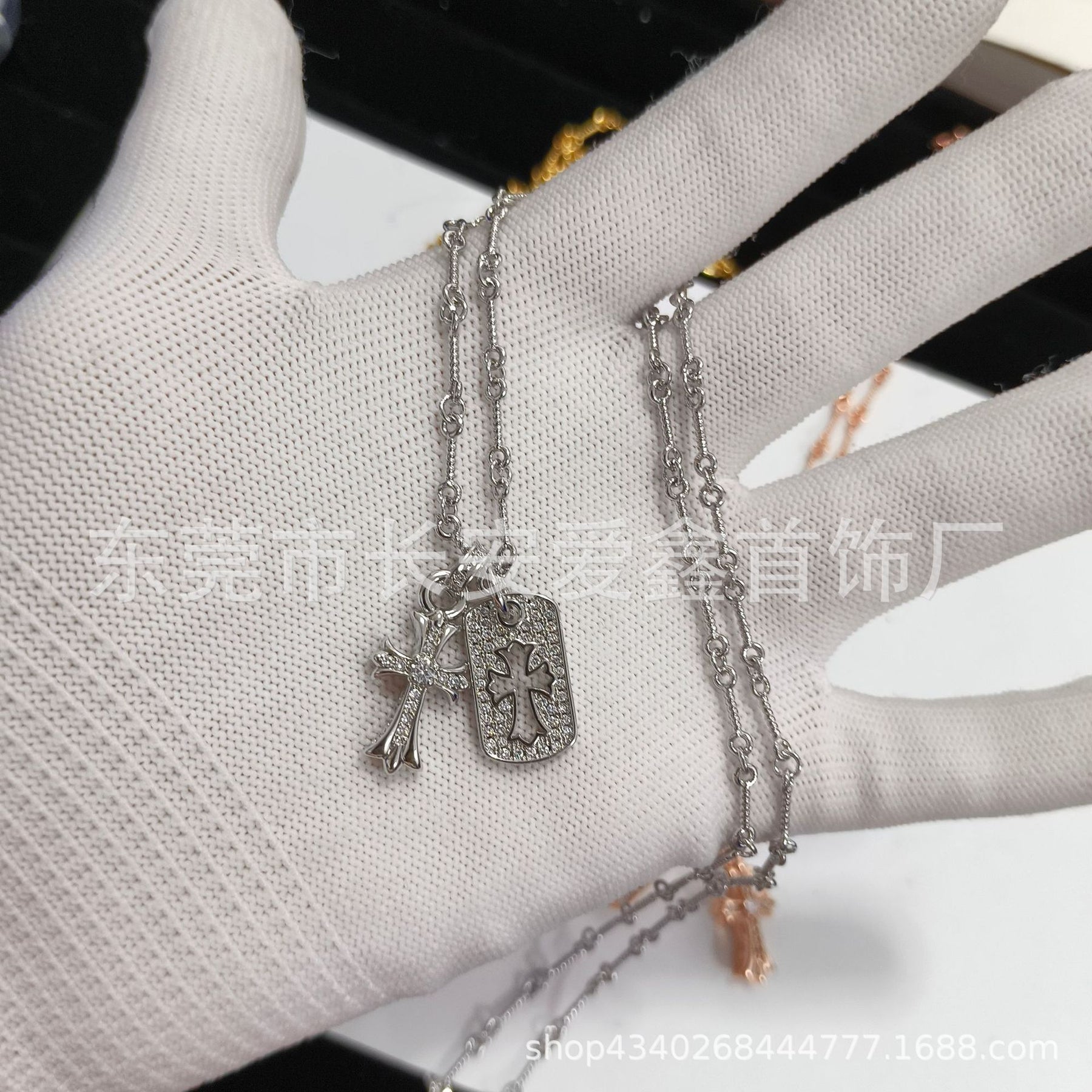 Chrome Hearts Gold Hollow Square Diamond Cross Necklace