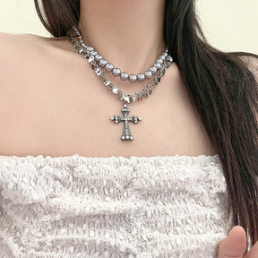 rosary necklace Gray pearl cross necklace