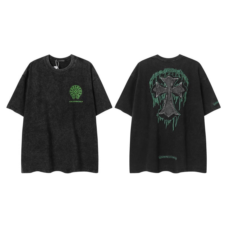 Chrome Heart horseshoe Sanskrit cross fluorescent wings T-shirt