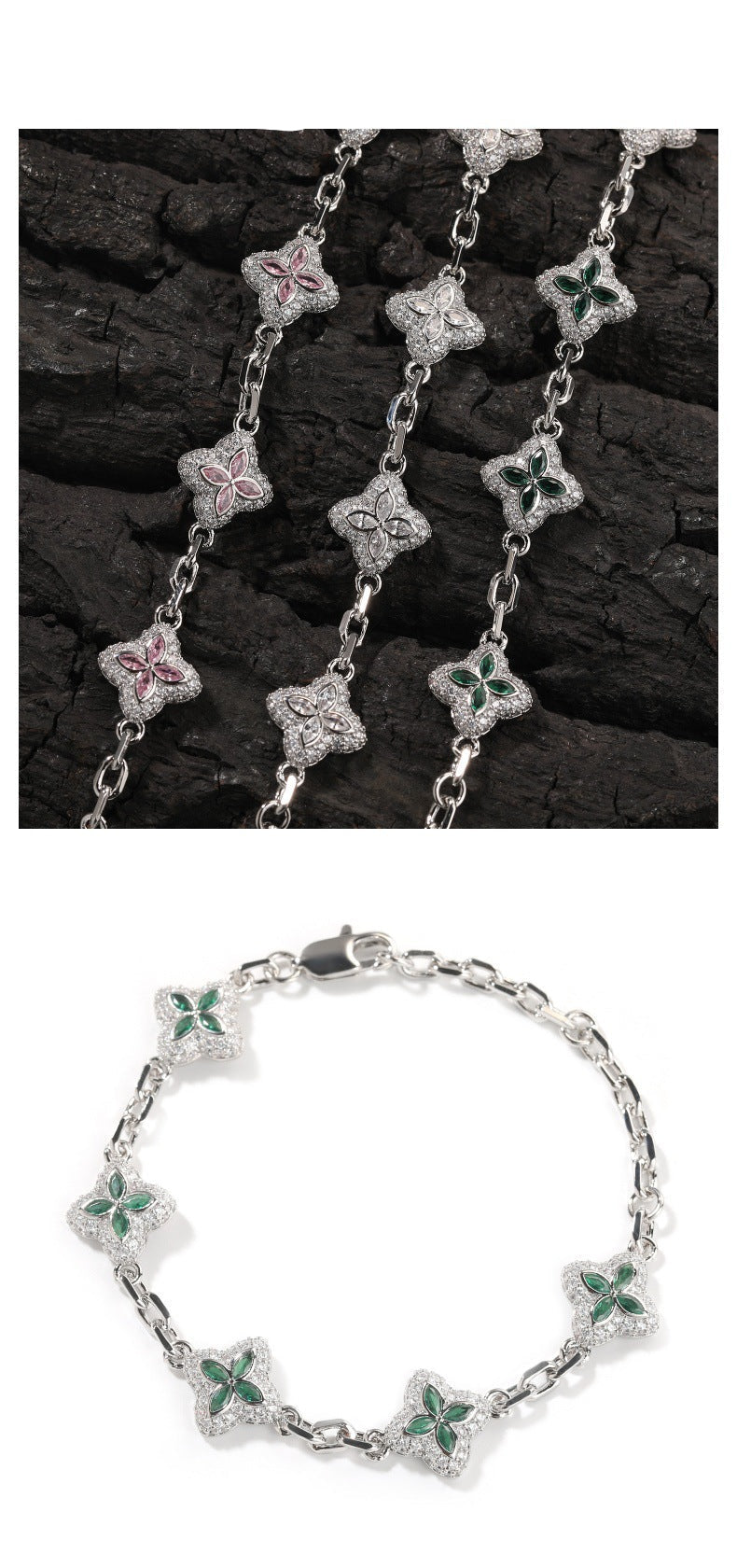 Full-Pavé Lucky Four-Leaf Clover Bracelet Necklace