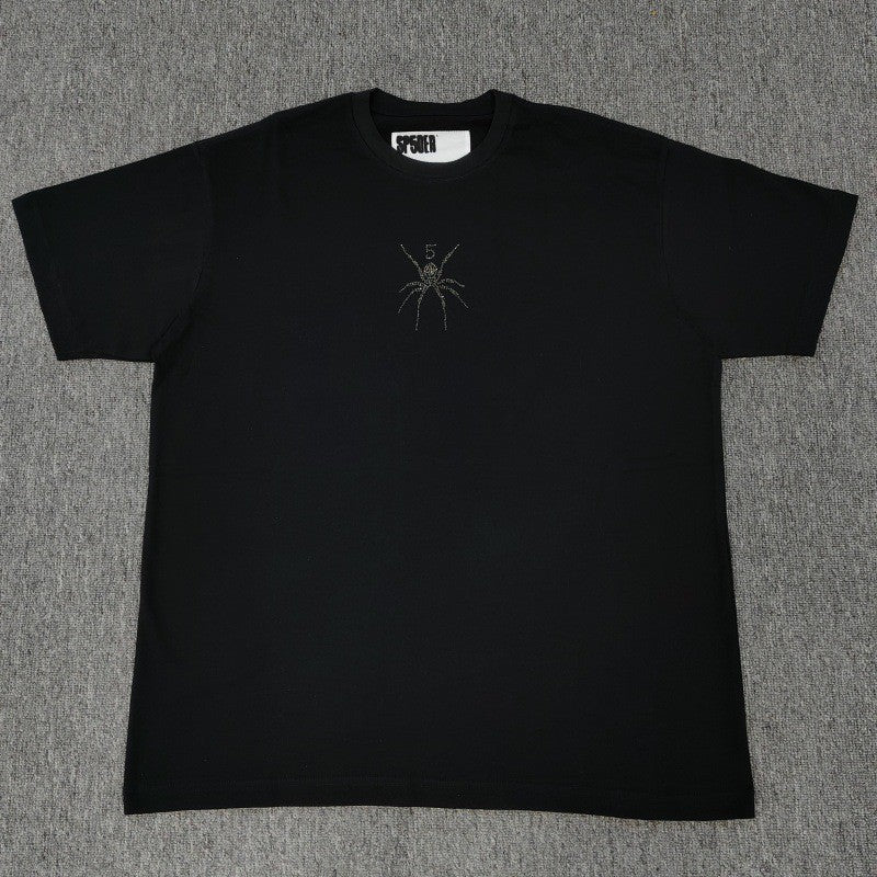 Hip-hop SP5der loose-fitting spider web T-shirt with lettering