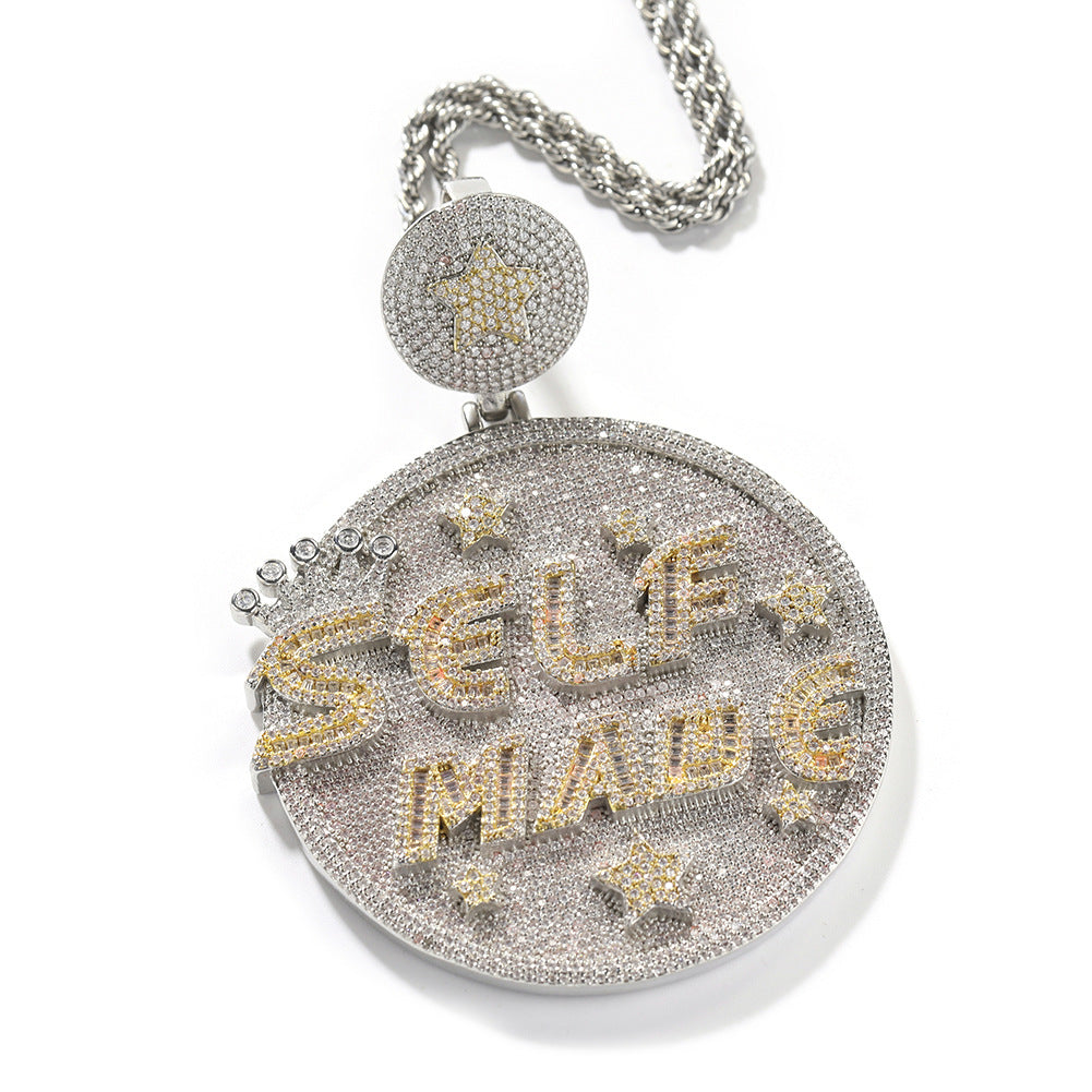 Self made hip-hop large diamond-encrusted disc necklace
