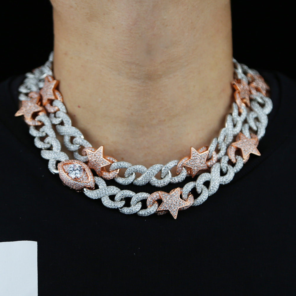 Hip-hop figure-eight Cuban chain two-tone star and eye pendant