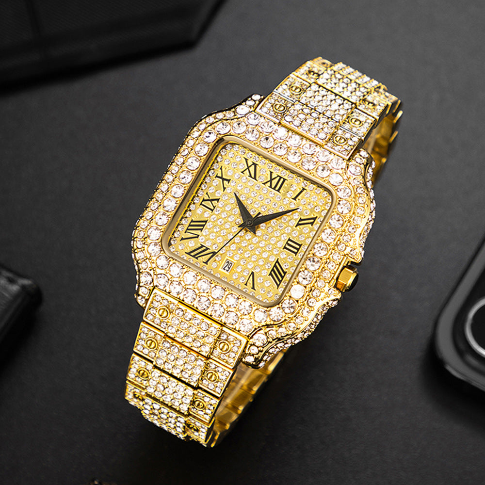 Hip-Hop Square Quartz Watch with Full Diamonds and Roman Markers