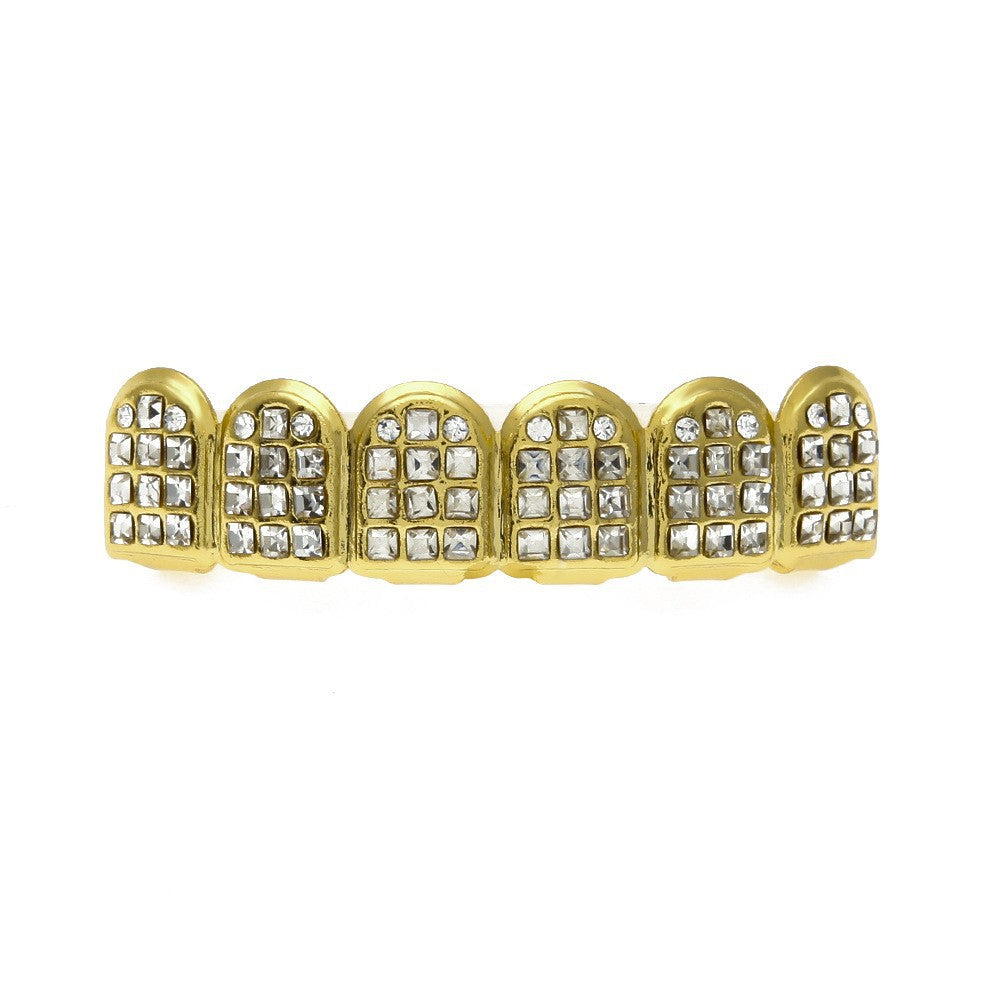 Hip-hop diamond-encrusted and gold-plated teeth grillz