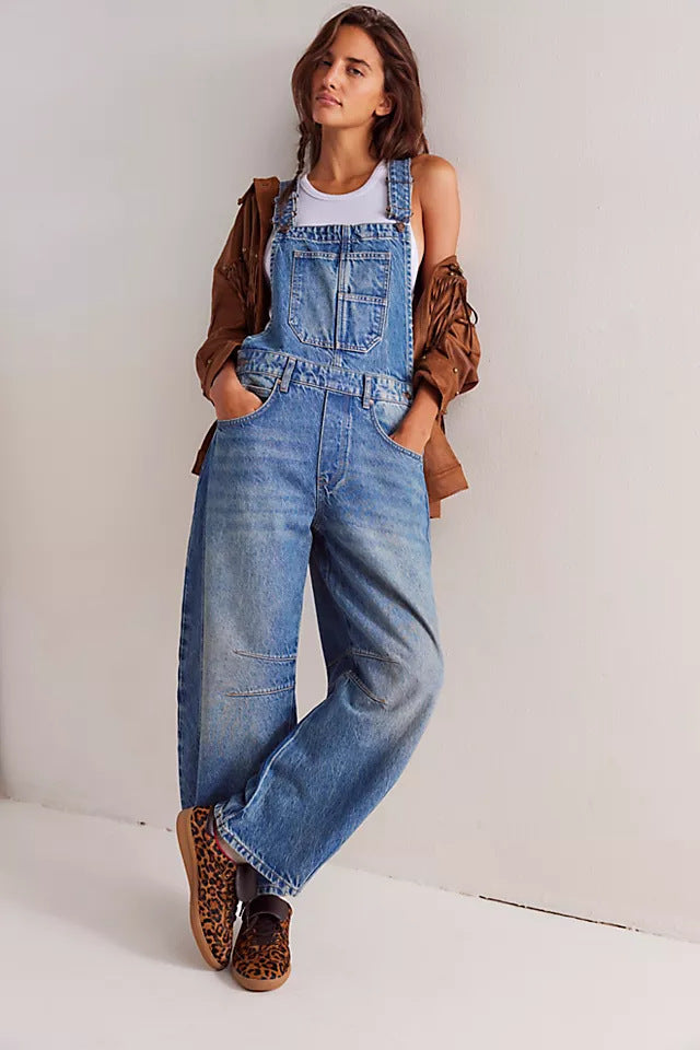 Washed Vintage, Loose-Fit, Straight-Leg Cargo Denim Overalls