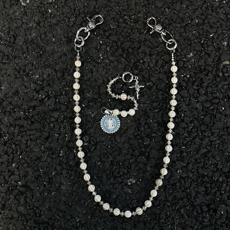 Round White Turquoise Beads with Cross Jesus Design waist chain