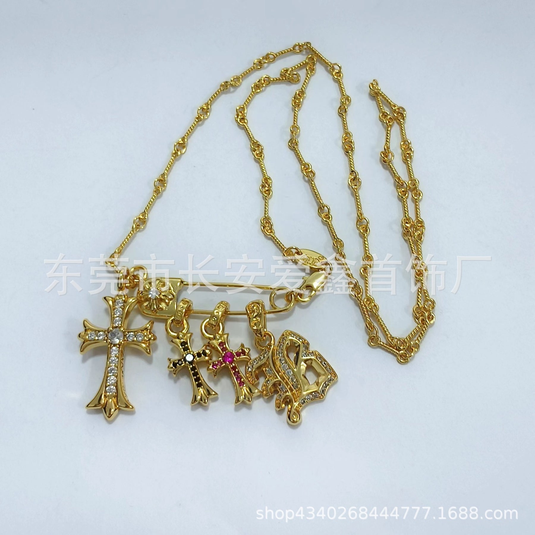 Chrome Hearts Gold Diamond Cross Flame Brooch Necklace